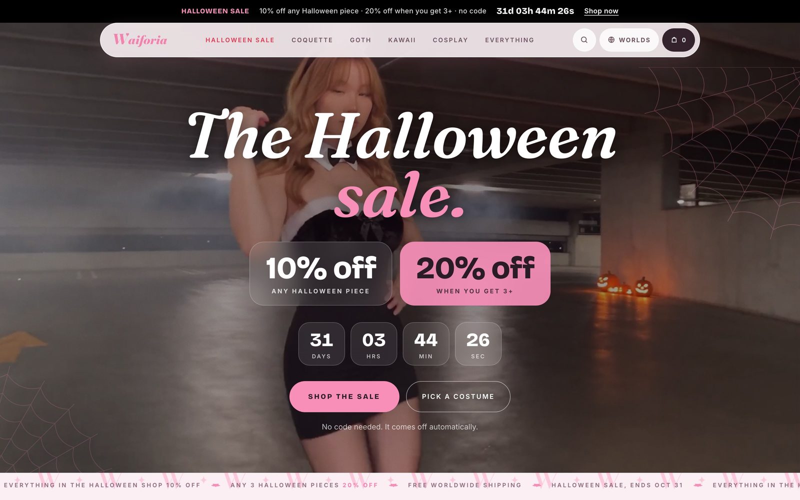Waiforia home page with Halloween sale countdown